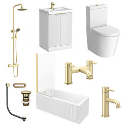 Milan Fluted Matt White & Brushed Brass Bathroom Suite with Bath Panels - Floor Standing Vanity