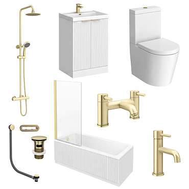 Milan Fluted Matt White & Brushed Brass Bathroom Suite with Bath Panels - Floor Standing Vanity