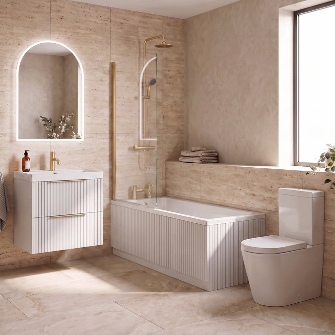 Milan Fluted Matt White & Brushed Brass Bathroom Suite with Bath Panels - Wall Hung Vanity