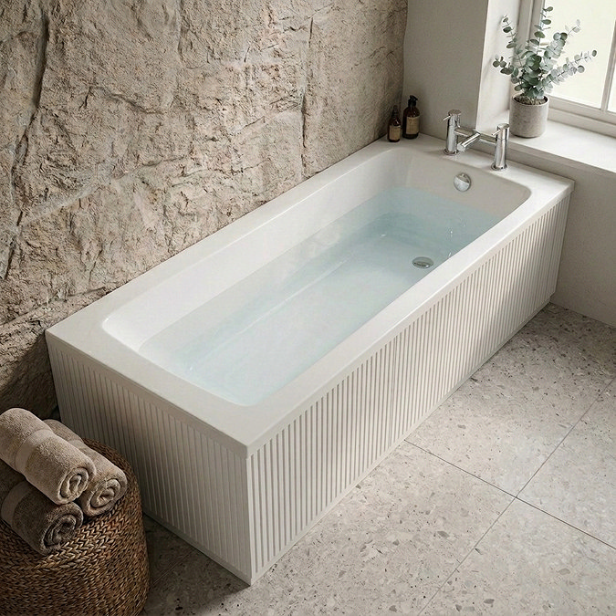 Milan Fluted Matt White & Brushed Brass Bathroom Suite with Bath Panels - Wall Hung Vanity