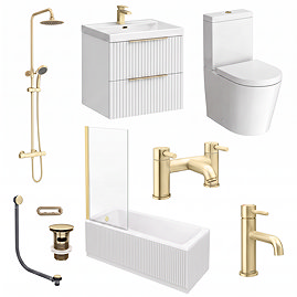 Milan Fluted Matt White & Brushed Brass Bathroom Suite with Bath Panels - Wall Hung Vanity