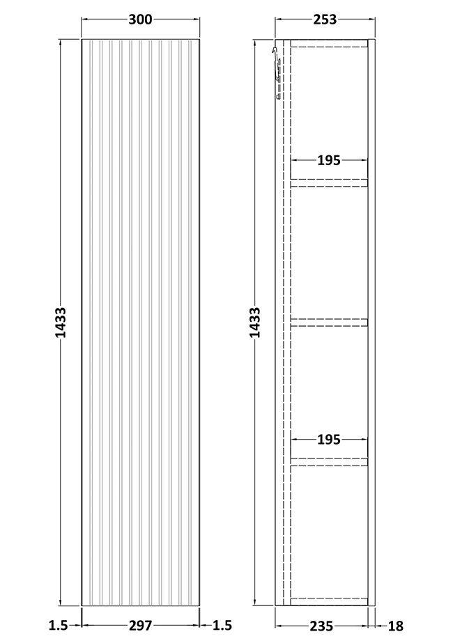 Milan Fluted Matt White Wall Hung Tall Storage Unit with Brushed Brass Handle