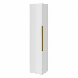 Milan Fluted Matt White Wall Hung Tall Storage Unit with Brushed Brass Handle