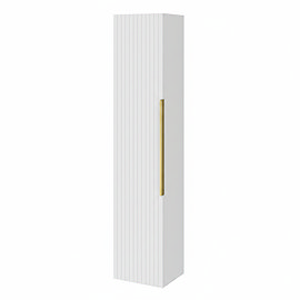 Milan Fluted Matt White Wall Hung Tall Storage Unit with Brushed Brass Handle