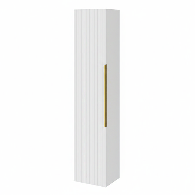Milan Fluted Matt White Wall Hung Tall Storage Unit with Brushed Brass Handle