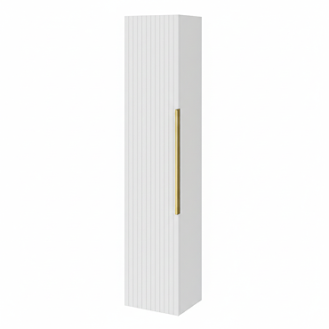 Milan Fluted Matt White Wall Hung Tall Storage Unit with Brushed Brass Handle