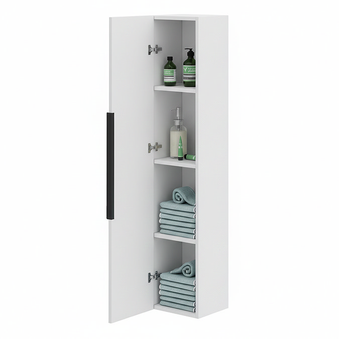 Milan Fluted Matt White Wall Hung Tall Storage Unit with Matt Black Handle