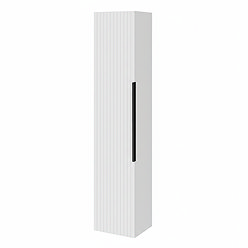 Milan Fluted Matt White Wall Hung Tall Storage Unit with Matt Black Handle