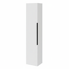 Milan Fluted Matt White Wall Hung Tall Storage Unit with Matt Black Handle