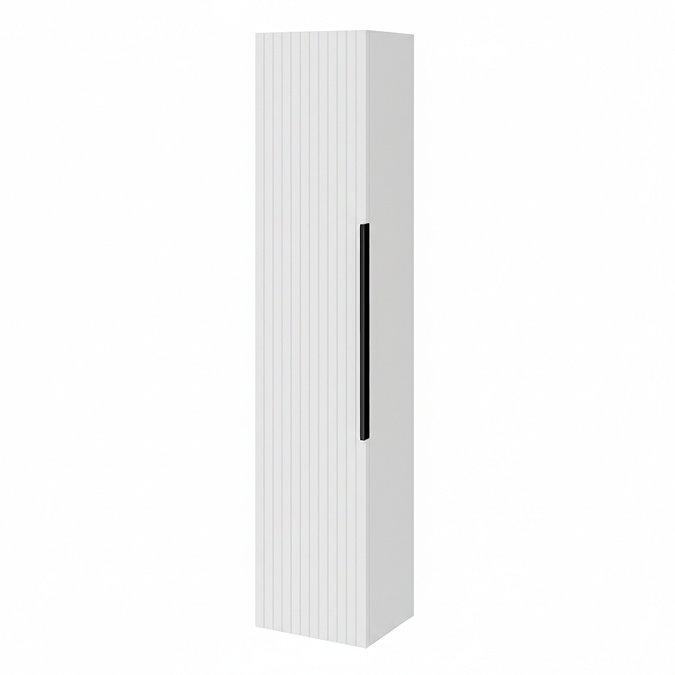 Milan Fluted Matt White Wall Hung Tall Storage Unit with Matt Black Handle