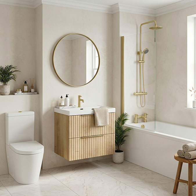 Milan Fluted Round Brushed Brass & Autumn Oak Complete Bathroom Suite