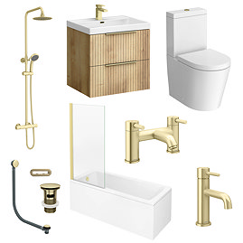Milan Fluted Round Brushed Brass & Autumn Oak Complete Bathroom Suite