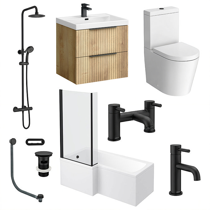 Milan Fluted Round Matt Black & Autumn Oak Complete Bathroom Suite