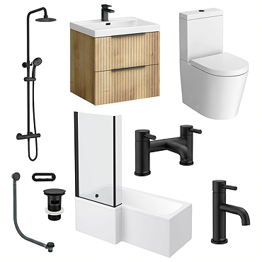 Milan Fluted Round Matt Black & Autumn Oak Complete Bathroom Suite