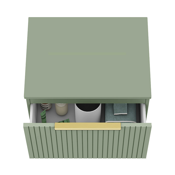 Milan Fluted Satin Green 600mm Wall Hung 1-Drawer Countertop Vanity Unit with Brushed Brass Handle