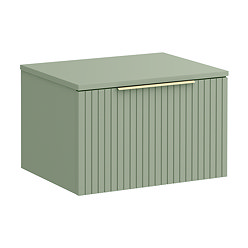 Milan Fluted Satin Green 600mm Wall Hung 1-Drawer Countertop Vanity Unit with Brushed Brass Handle