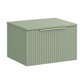 Milan Fluted Satin Green 600mm Wall Hung 1-Drawer Countertop Vanity Unit with Brushed Brass Handle