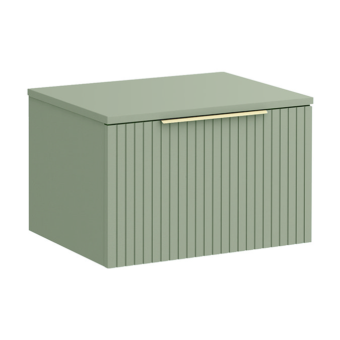 Milan Fluted Satin Green 600mm Wall Hung 1-Drawer Countertop Vanity Unit with Brushed Brass Handle