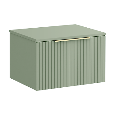 Milan Fluted Satin Green 600mm Wall Hung 1-Drawer Countertop Vanity Unit with Brushed Brass Handle