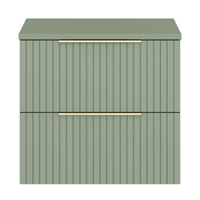 Milan Fluted Satin Green 600mm Wall Hung 2-Drawer Countertop Vanity Unit with Brushed Brass Handles
