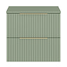 Milan Fluted Satin Green 600mm Wall Hung 2-Drawer Countertop Vanity Unit with Brushed Brass Handles