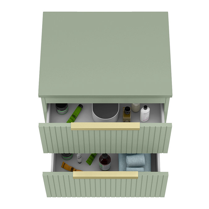 Milan Fluted Satin Green 600mm Wall Hung 2-Drawer Countertop Vanity Unit with Brushed Brass Handles