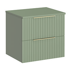 Milan Fluted Satin Green 600mm Wall Hung 2-Drawer Countertop Vanity Unit with Brushed Brass Handles