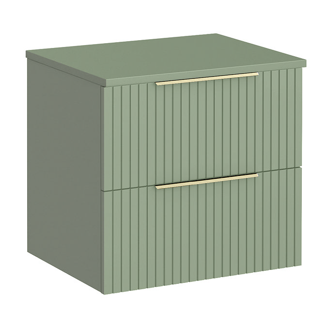 Milan Fluted Satin Green 600mm Wall Hung 2-Drawer Countertop Vanity Unit with Brushed Brass Handles