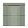 Milan Fluted Satin Green 600mm Wall Hung 2-Drawer Countertop Vanity Unit with Matt Black Handles