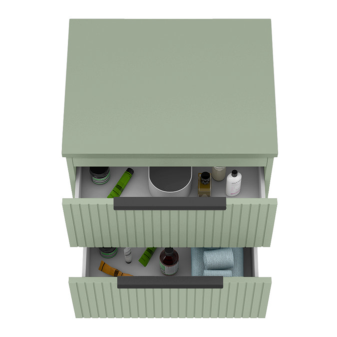Milan Fluted Satin Green 600mm Wall Hung 2-Drawer Countertop Vanity Unit with Matt Black Handles
