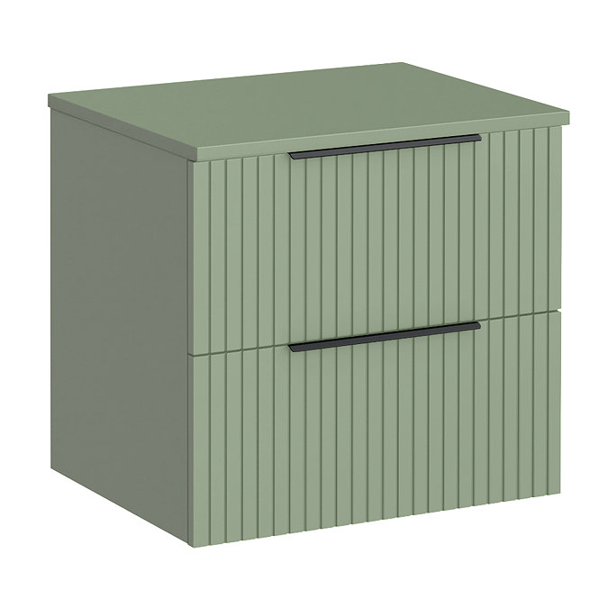 Milan Fluted Satin Green 600mm Wall Hung 2-Drawer Countertop Vanity Unit with Matt Black Handles