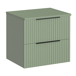 Milan Fluted Satin Green 600mm Wall Hung 2-Drawer Countertop Vanity Unit with Matt Black Handles
