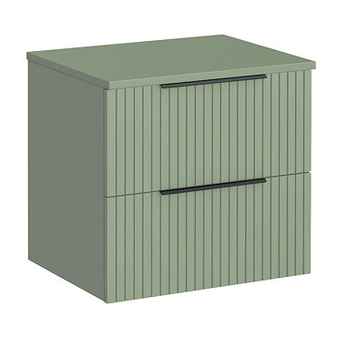 Milan Fluted Satin Green 600mm Wall Hung 2-Drawer Countertop Vanity Unit with Matt Black Handles