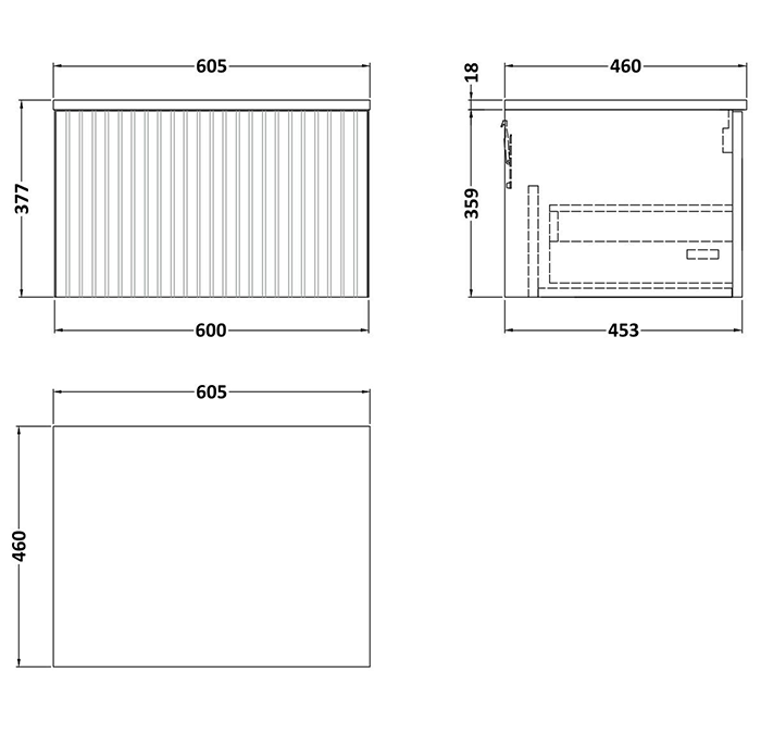 Milan Fluted Satin Green 600mm Wall Hung 1-Drawer Countertop Vanity Unit with Chrome Handle