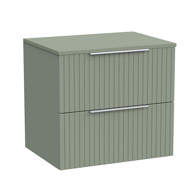 Milan Fluted Satin Green 600mm Wall Hung 2-Drawer Countertop Vanity Unit