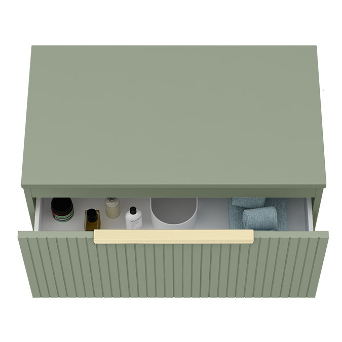 Milan Fluted Satin Green 800mm Wall Hung 1-Drawer Countertop Vanity Unit with Brushed Brass Handle