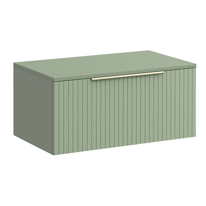 Milan Fluted Satin Green 800mm Wall Hung 1-Drawer Countertop Vanity Unit with Brushed Brass Handle