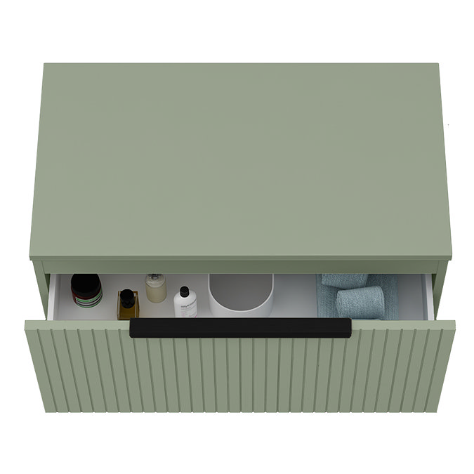 Milan Fluted Satin Green 800mm Wall Hung 1-Drawer Countertop Vanity Unit with Matt Black Handle