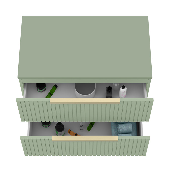 Milan Fluted Satin Green 800mm Wall Hung 2-Drawer Countertop Vanity Unit with Brushed Brass Handles