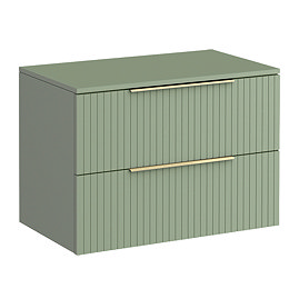 Milan Fluted Satin Green 800mm Wall Hung 2-Drawer Countertop Vanity Unit with Brushed Brass Handles