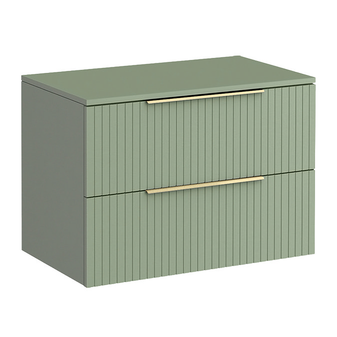 Milan Fluted Satin Green 800mm Wall Hung 2-Drawer Countertop Vanity Unit with Brushed Brass Handles