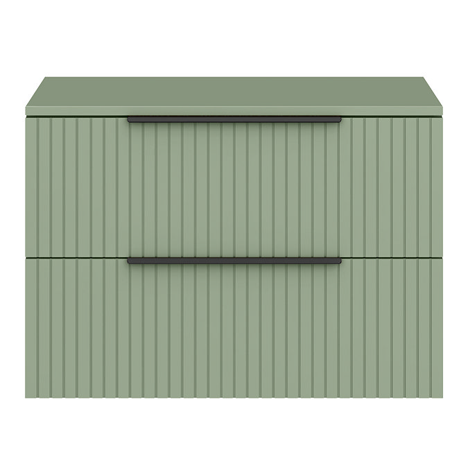 Milan Fluted Satin Green 800mm Wall Hung 2-Drawer Countertop Vanity Unit with Matt Black Handles