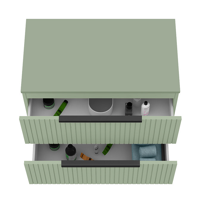 Milan Fluted Satin Green 800mm Wall Hung 2-Drawer Countertop Vanity Unit with Matt Black Handles