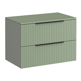 Milan Fluted Satin Green 800mm Wall Hung 2-Drawer Countertop Vanity Unit with Matt Black Handles