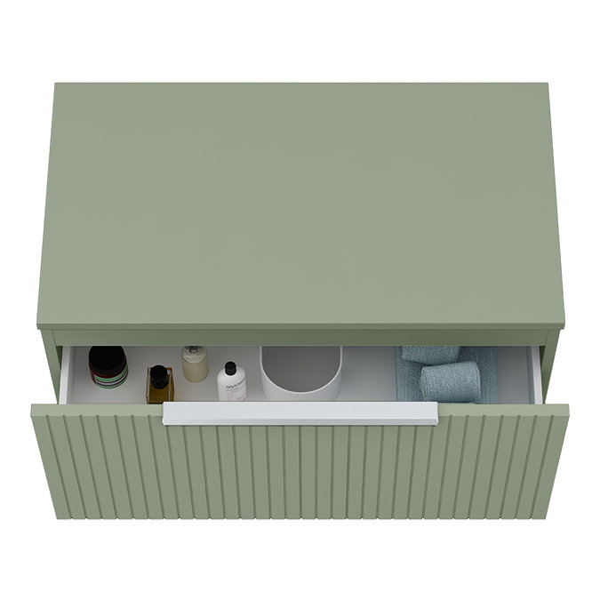 Milan Fluted Satin Green 800mm Wall Hung 1-Drawer Countertop Vanity Unit with Chrome Handle