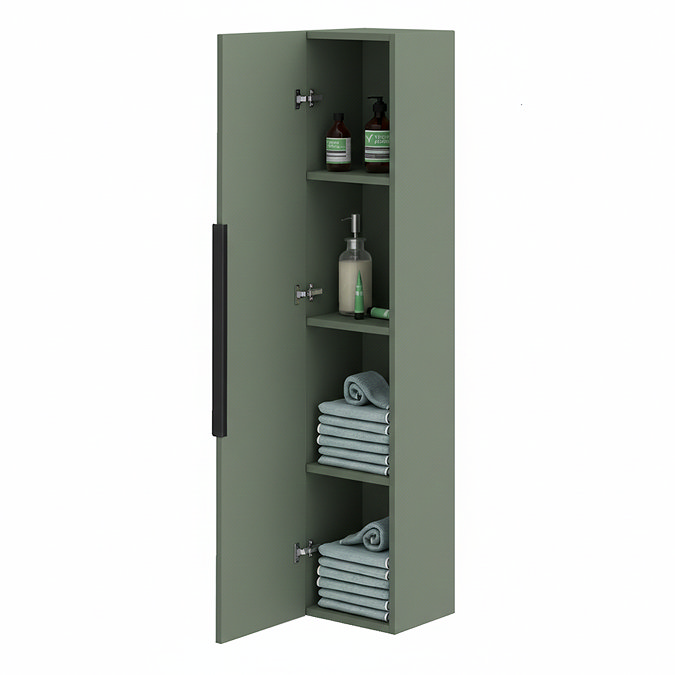 Milan Fluted Satin Green Wall Hung Tall Storage Unit with Matt Black Handle