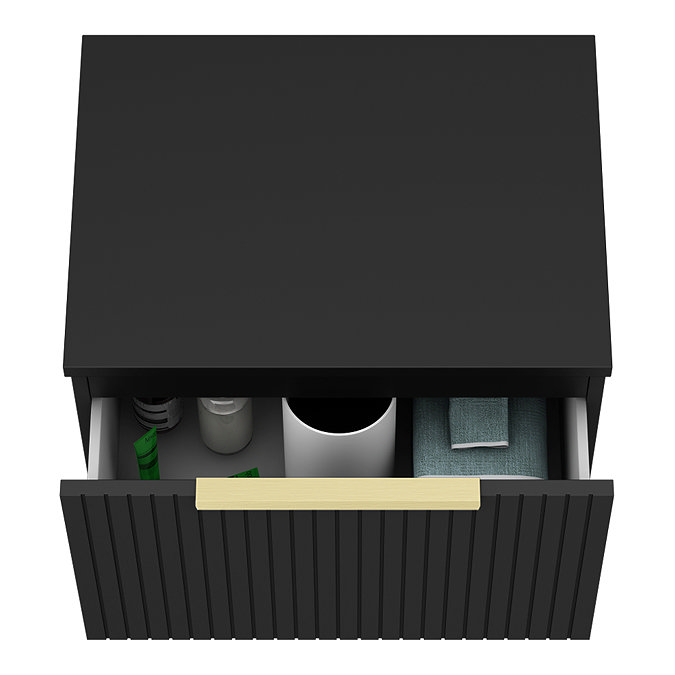 Milan Fluted Soft Black 600mm Wall Hung 1-Drawer Countertop Vanity Unit with Brushed Brass Handle