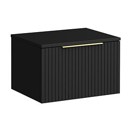 Milan Fluted Soft Black 600mm Wall Hung 1-Drawer Countertop Vanity Unit with Brushed Brass Handle