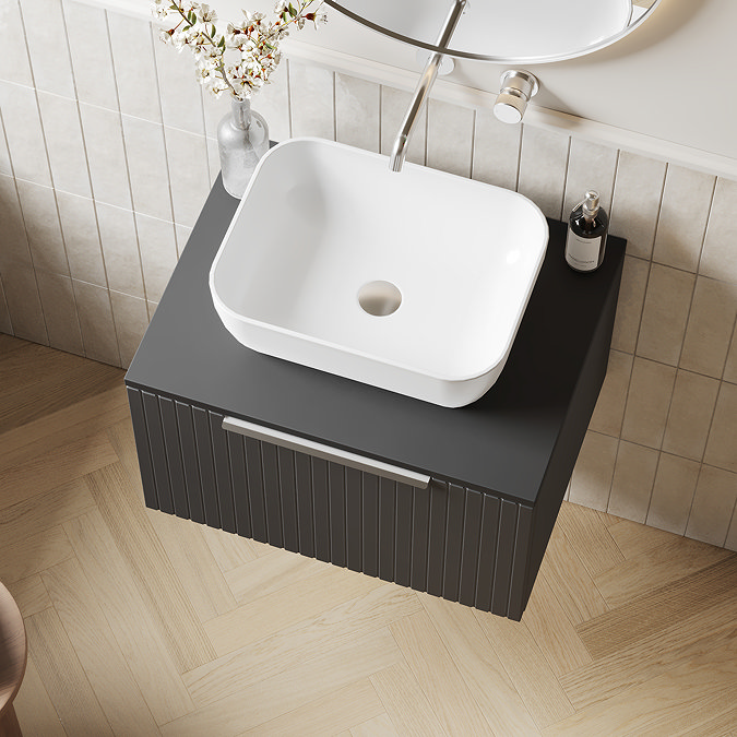 Milan Fluted Soft Black 600mm Wall Hung 1-Drawer Countertop Vanity Unit with Chrome Handle