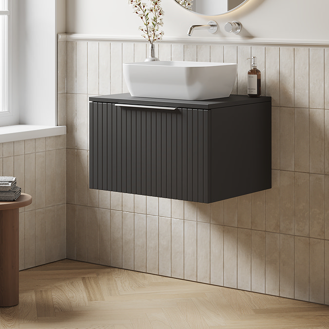 Milan Fluted Soft Black 600mm Wall Hung 1-Drawer Countertop Vanity Unit with Chrome Handle